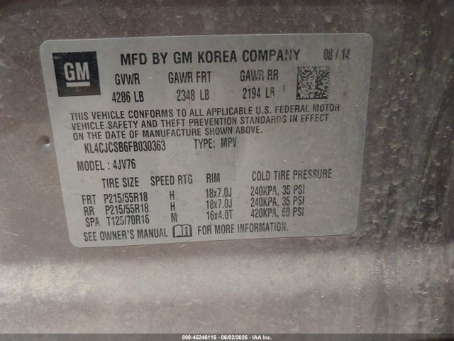 Aukcja sprzedaży 2015 Buick Encore Leather, vin: KL4CJCSB6FB030363, numer aukcji: 45246116