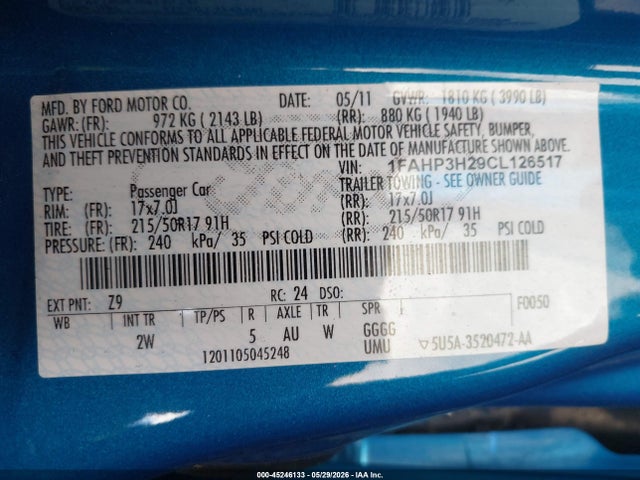 2012 Ford Focus Sel მანქანა იყიდება აუქციონზე, vin: 1FAHP3H29CL126517, აუქციონის ნომერი: 45246133