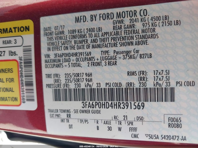 Продаж на аукціоні авто 2017 Ford Fusion Se, vin: 3FA6P0HD4HR391569, номер лоту: 45246134