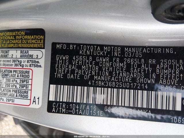 Aukcja sprzedaży 2005 Toyota Avalon Xl, vin: 4T1BK36B25U017214, numer aukcji: 45246139