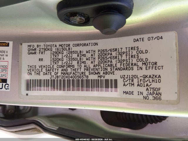 45246162 :رقم المزاد ، JTJBT20X040056578 vin ، 2004 Lexus Gx 470 مزاد بيع