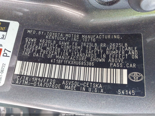 Продажа на аукционе авто 2017 Toyota Camry Se, vin: 4T1BF1FKXHU685386, номер лота: 45246163