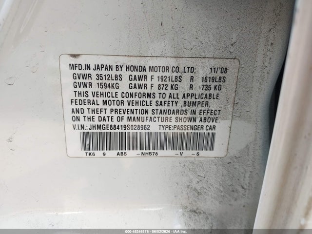 45246176 :رقم المزاد ، JHMGE88419S028962 vin ، 2009 Honda Fit Sport مزاد بيع