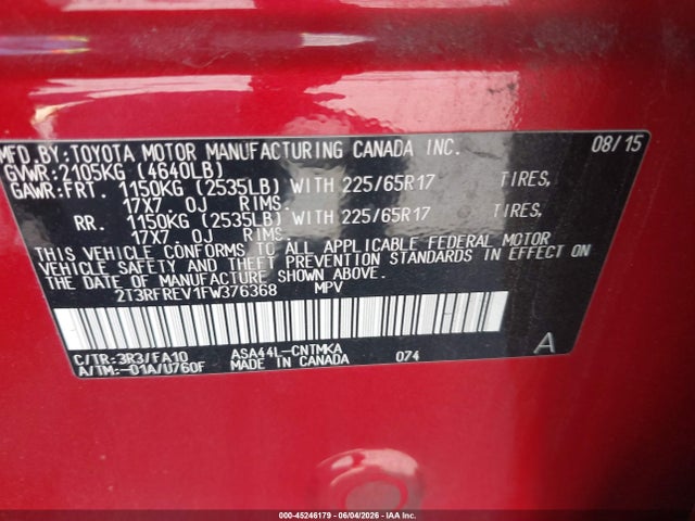 Продажа на аукционе авто 2015 Toyota Rav4 Xle, vin: 2T3RFREV1FW376368, номер лота: 45246179