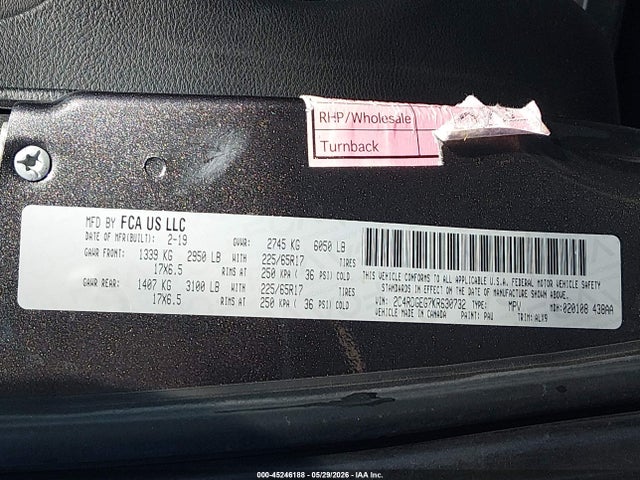 2019 Dodge Grand Caravan Gt მანქანა იყიდება აუქციონზე, vin: 2C4RDGEG7KR630732, აუქციონის ნომერი: 45246188