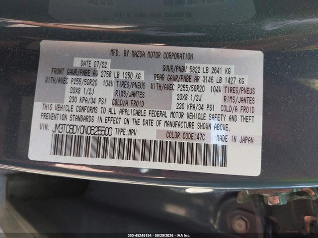 Продажа на аукционе авто 2022 Mazda Cx-9 Carbon Edition, vin: JM3TCBDY0N0625500, номер лота: 45246194