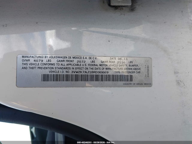 45246203 :رقم المزاد ، 3VW2K7AJ1BM390669 vin ، 2011 Volkswagen Jetta 2.0l Base/2.0l S مزاد بيع