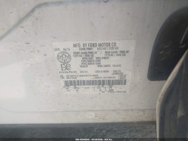 45246205 :رقم المزاد ، 2FMPK3J99GBC01665 vin ، 2016 Ford Edge Sel مزاد بيع