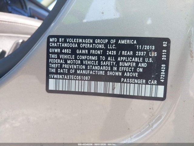 2014 Volkswagen Passat 2.0l Tdi Se მანქანა იყიდება აუქციონზე, vin: 1VWBN7A37EC051087, აუქციონის ნომერი: 45246206