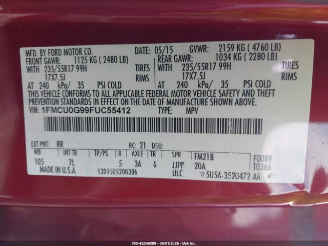 Продаж на аукціоні авто 2015 Ford Escape Se, vin: 1FMCU0G99FUC55412, номер лоту: 45246209