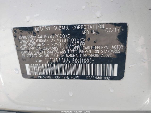 Продаж на аукціоні авто 2018 Subaru Wrx, vin: JF1VA1A65J9810805, номер лоту: 45246212