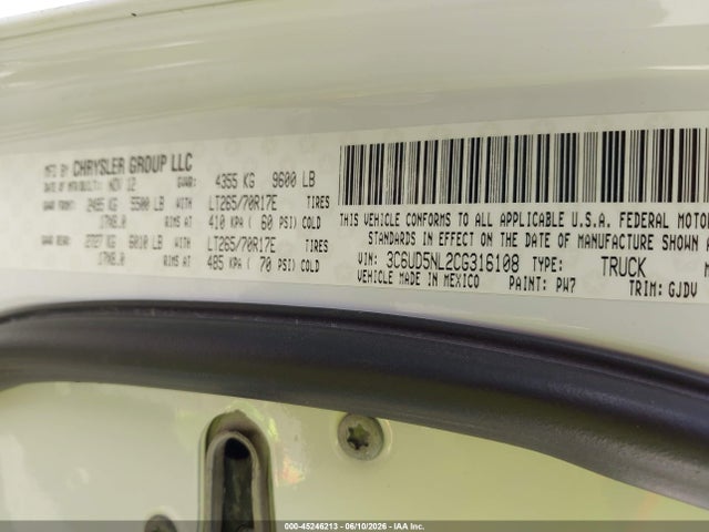 Aukcja sprzedaży 2012 Ram 2500 Laramie, vin: 3C6UD5NL2CG316108, numer aukcji: 45246213