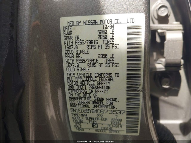 2004 Nissan Xterra Xe მანქანა იყიდება აუქციონზე, vin: 5N1ED28Y84C673537, აუქციონის ნომერი: 45246214