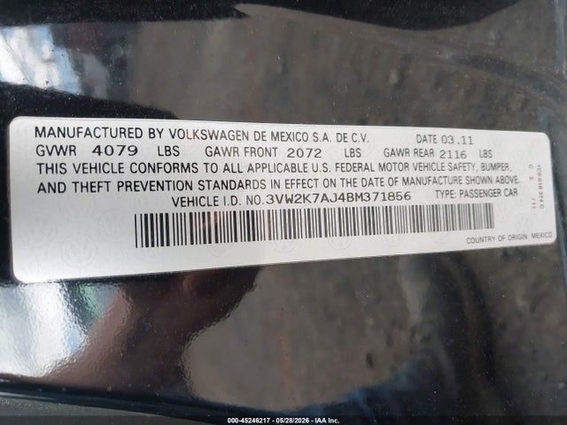 45246217 :رقم المزاد ، 3VW2K7AJ4BM371856 vin ، 2011 Volkswagen Jetta 2.0l S مزاد بيع