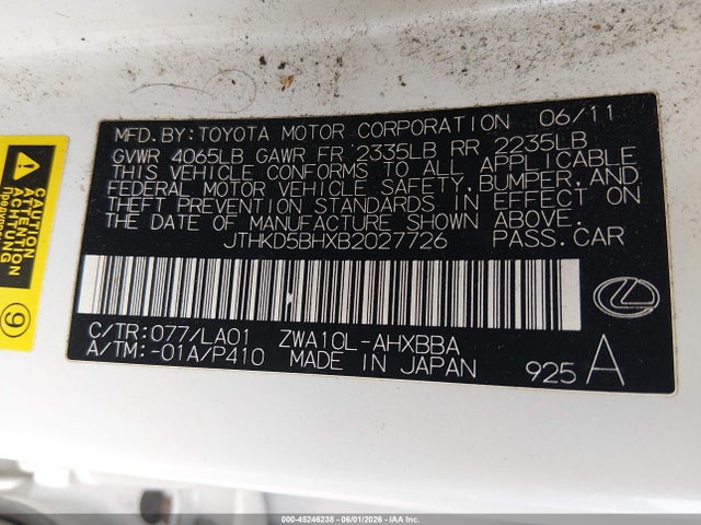 45246238 :رقم المزاد ، JTHKD5BHXB2027726 vin ، 2011 Lexus Ct 200h Premium مزاد بيع