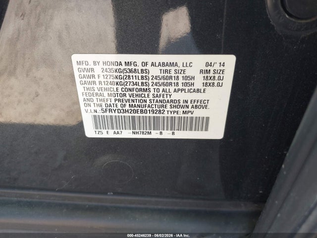 45246239 :رقم المزاد ، 5FRYD3H20EB019282 vin ، 2014 Acura Mdx مزاد بيع