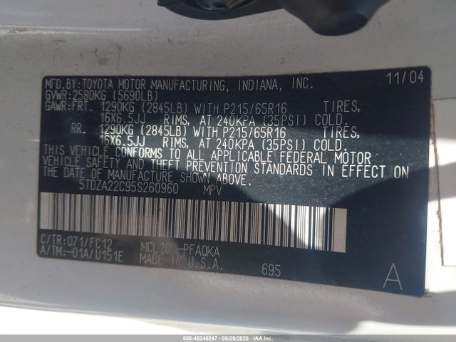 Продажа на аукционе авто 2005 Toyota Sienna Xle, vin: 5TDZA22C95S260960, номер лота: 45246247