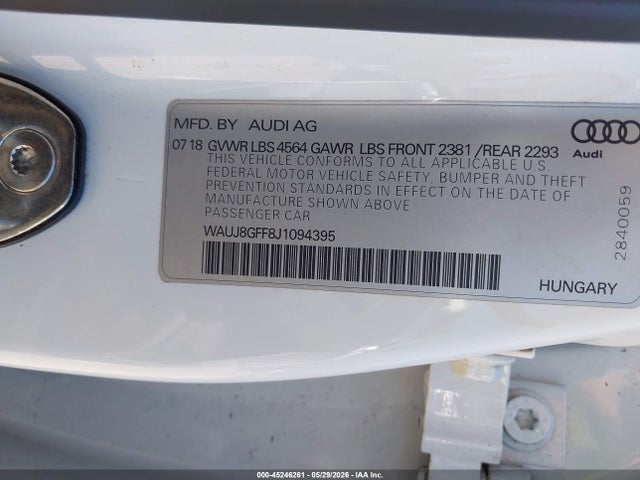 Aukcja sprzedaży 2018 Audi A3 2.0t Premium/2.0t Tech Premium, vin: WAUJ8GFF8J1094395, numer aukcji: 45246261