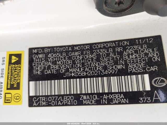 Aukcja sprzedaży 2013 Lexus Ct 200h, vin: JTHKD5BH2D2134997, numer aukcji: 45246266