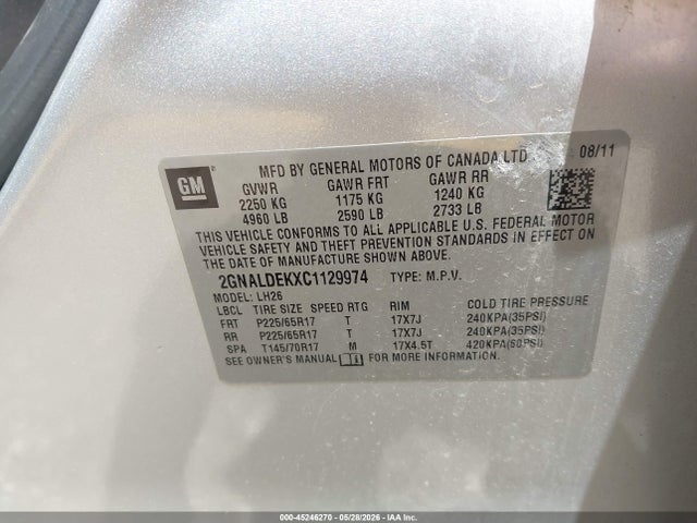 45246270 :رقم المزاد ، 2GNALDEKXC1129974 vin ، 2012 Chevrolet Equinox 1lt مزاد بيع