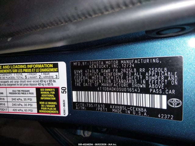 Продаж на аукціоні авто 2025 Toyota Camry Le, vin: 4T1DBADK0SU016543, номер лоту: 45246294