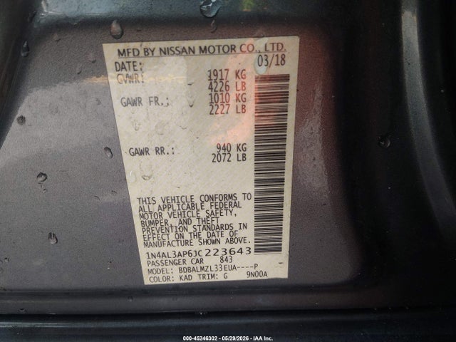 45246302 :رقم المزاد ، 1N4AL3AP6JC223643 vin ، 2018 Nissan Altima 2.5 Sv مزاد بيع