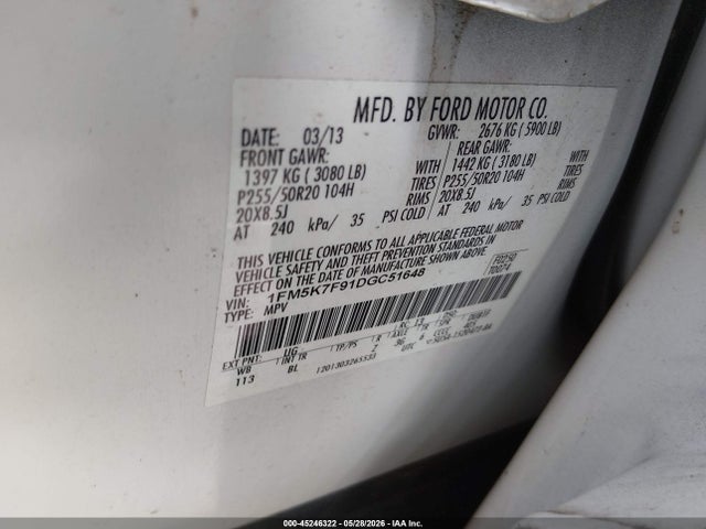 2013 Ford Explorer Limited მანქანა იყიდება აუქციონზე, vin: 1FM5K7F91DGC51648, აუქციონის ნომერი: 45246322