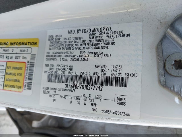 Ford FUSION SE 2018 3FA6P0H70JR277942 Image 9