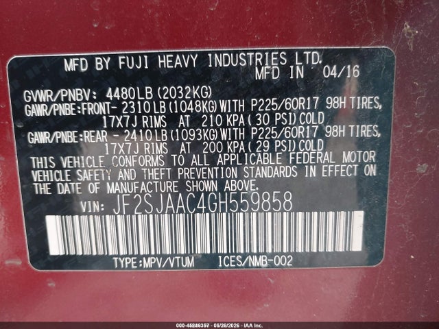 2016 Subaru Forester 2.5i მანქანა იყიდება აუქციონზე, vin: JF2SJAAC4GH559858, აუქციონის ნომერი: 45246357