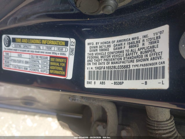 2008 Honda Civic Lx მანქანა იყიდება აუქციონზე, vin: 1HGFA16528L035683, აუქციონის ნომერი: 45246358