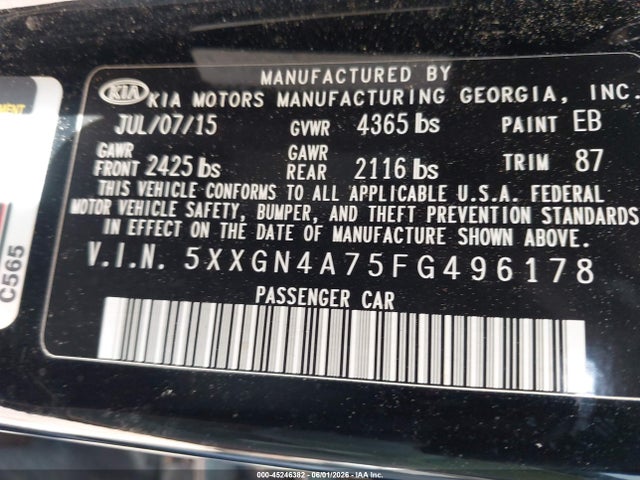 45246382 :رقم المزاد ، 5XXGN4A75FG496178 vin ، 2015 Kia Optima Ex مزاد بيع