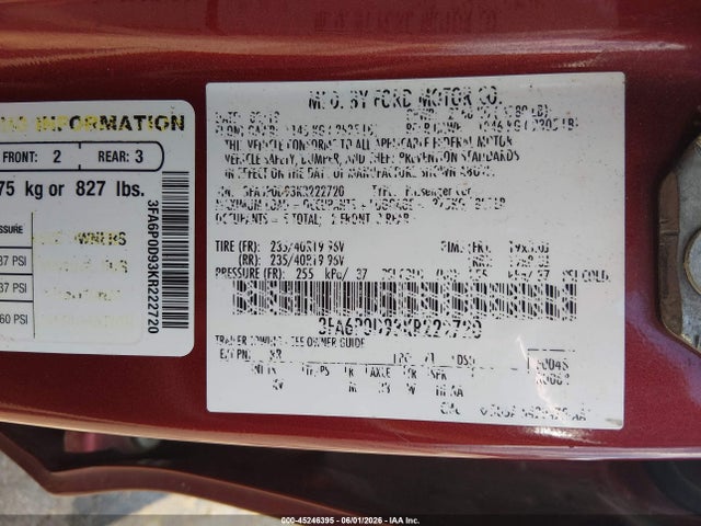 Aukcja sprzedaży 2019 Ford Fusion Titanium, vin: 3FA6P0D93KR222720, numer aukcji: 45246395