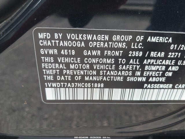 Продажа на аукционе авто 2017 Volkswagen Passat 1.8t R-line, vin: 1VWDT7A37HC051898, номер лота: 45246396