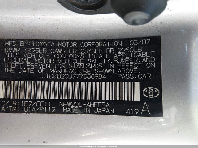 Продажа на аукционе авто 2007 Toyota Prius, vin: JTDKB20U777088984, номер лота: 45246398