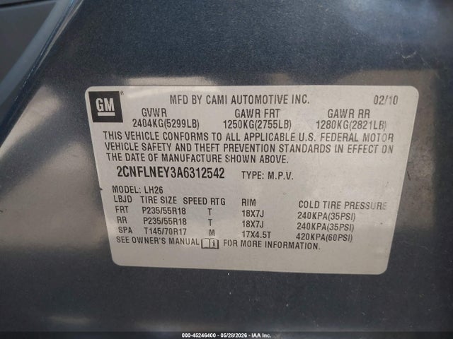 Aukcja sprzedaży 2010 Chevrolet Equinox Lt, vin: 2CNFLNEY3A6312542, numer aukcji: 45246400