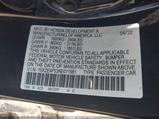 Продаж на аукціоні авто 2022 Honda Insight Ex, vin: 19XZE4F53NE011981, номер лоту: 45246403