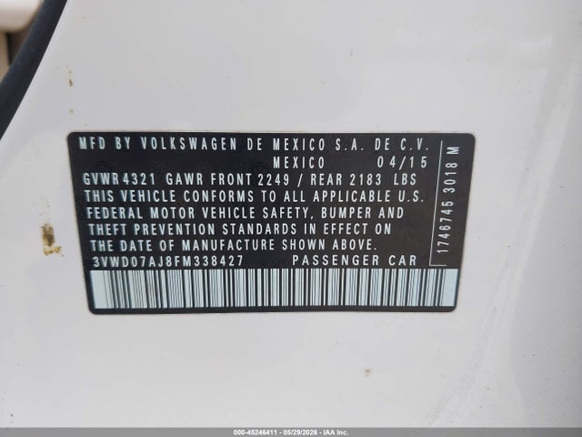 Aukcja sprzedaży 2015 Volkswagen Jetta 1.8t Se, vin: 3VWD07AJ8FM338427, numer aukcji: 45246411