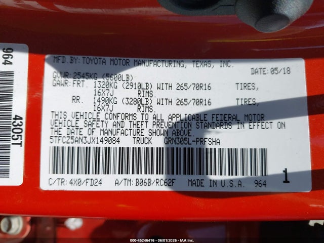5TFCZ5AN3JX149084 Toyota Tacoma Trd Off Road