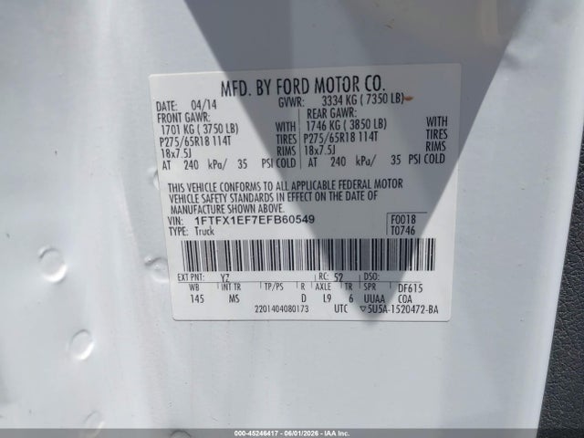 45246417 :رقم المزاد ، 1FTFX1EF7EFB60549 vin ، 2014 Ford F-150 Xlt مزاد بيع