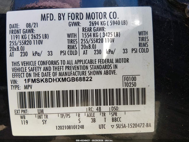 Aukcja sprzedaży 2021 Ford Explorer Xlt, vin: 1FMSK8DHXMGB68822, numer aukcji: 45246421