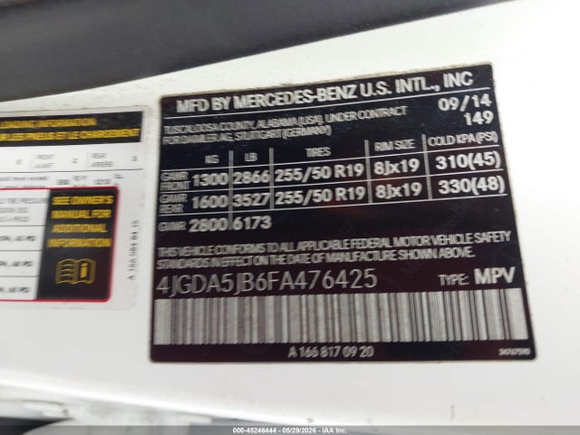 Aukcja sprzedaży 2015 Mercedes-benz Ml 350, vin: 4JGDA5JB6FA476425, numer aukcji: 45246444