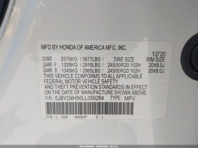 Aukcja sprzedaży 2020 Acura Mdx Technology Package, vin: 5J8YD4H56LL056284, numer aukcji: 45246445