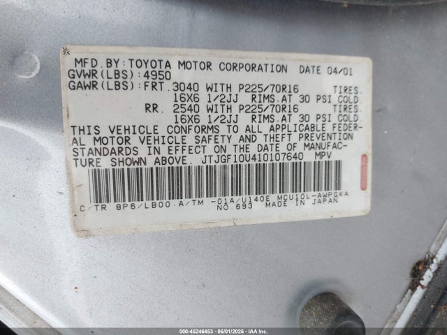 Aukcja sprzedaży 2001 Lexus Rx 300, vin: JTJGF10U410107640, numer aukcji: 45246453