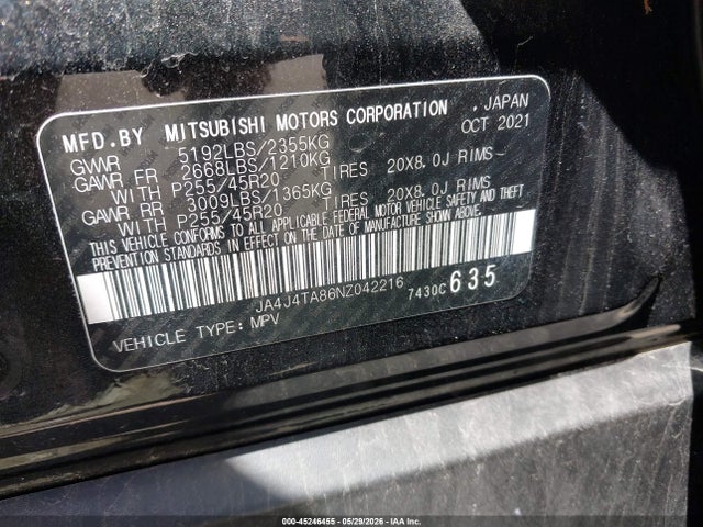 45246455 :رقم المزاد ، JA4J4TA86NZ042216 vin ، 2022 Mitsubishi Outlander Es 2.5 S-awc مزاد بيع