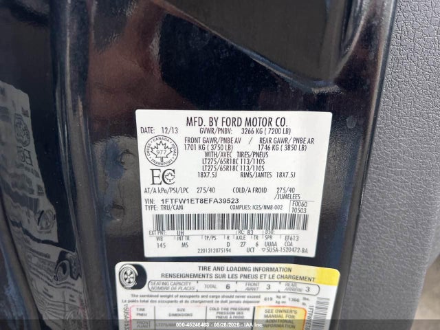 2014 Ford F-150 Xlt მანქანა იყიდება აუქციონზე, vin: 1FTFW1ET8EFA39523, აუქციონის ნომერი: 45246463