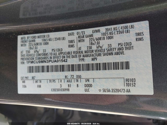 45246470 :رقم المزاد ، 1FMCU9MN3PUA01542 vin ، 2023 Ford Escape St-line مزاد بيع