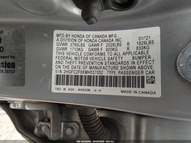 2021 Honda Civic Sport მანქანა იყიდება აუქციონზე, vin: 2HGFC2F8XMH537052, აუქციონის ნომერი: 45246482