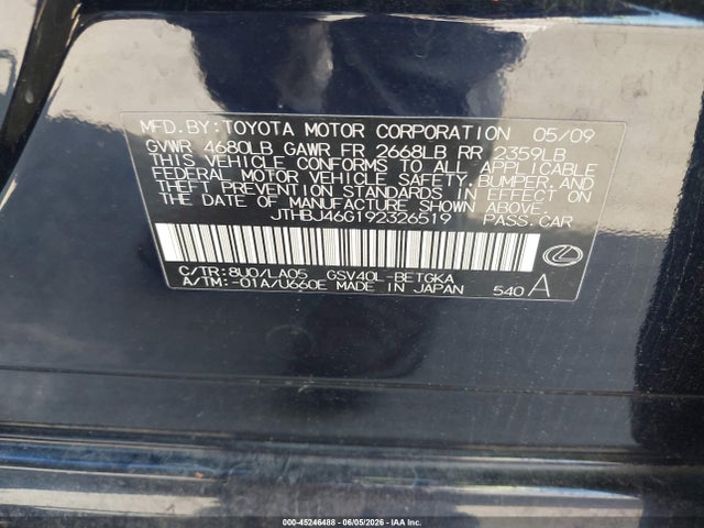 45246488 :رقم المزاد ، JTHBJ46G192326519 vin ، 2009 Lexus Es 350 مزاد بيع