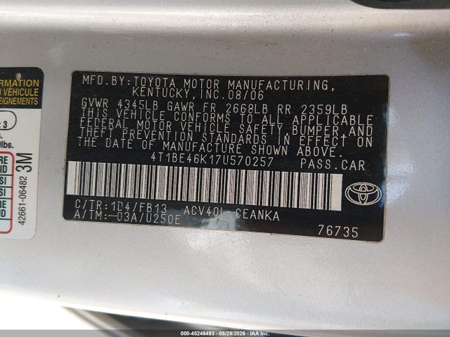 Продажа на аукционе авто 2007 Toyota Camry Le, vin: 4T1BE46K17U570257, номер лота: 45246493