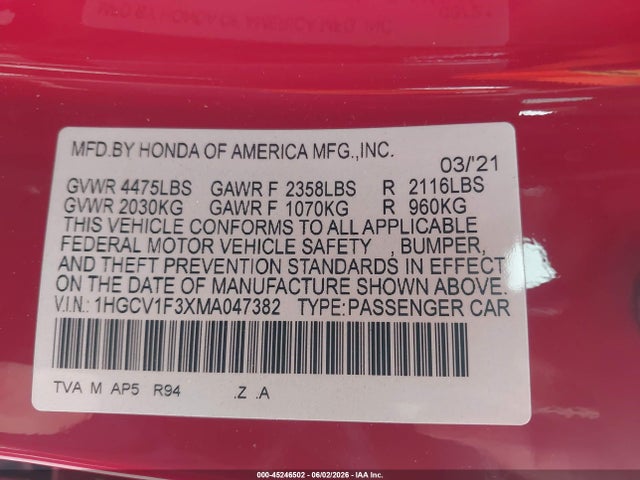 1HGCV1F3XMA047382 Honda Accord Sport
